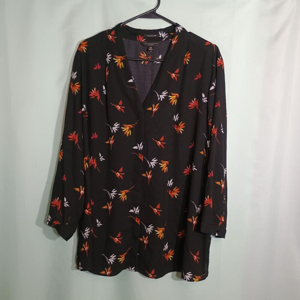 Investments woman Black Floral Blouse Long Sleeve V-Neck Tunic Top